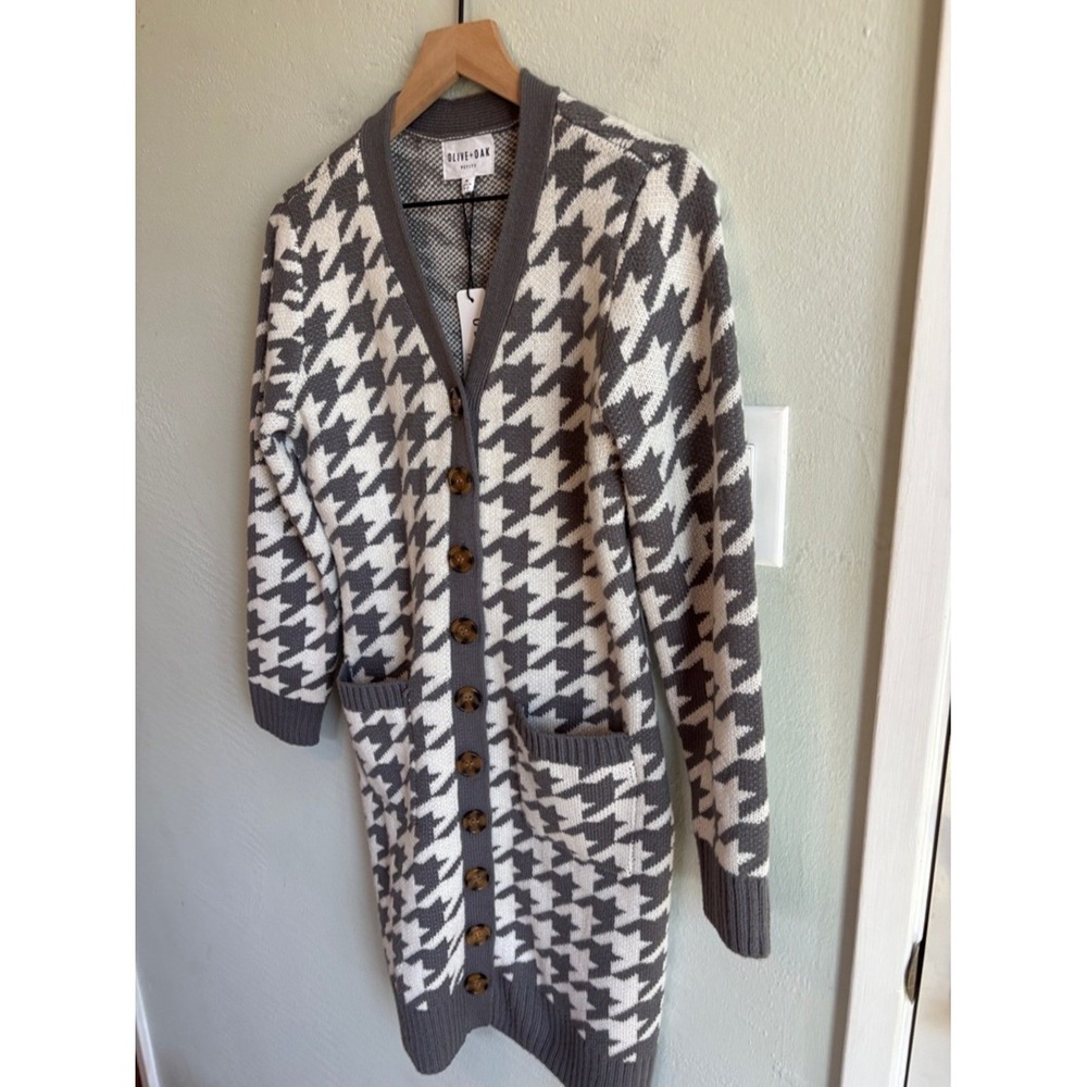 NEW Olive & Oak Gray and Cream Houndstooth Mid-Length Cardigan Large Petite - Picture 3 of 6